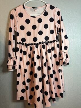 BMG Pink & Black Polka Dot Ruffle Long Sleeve Girls Dress Size 10